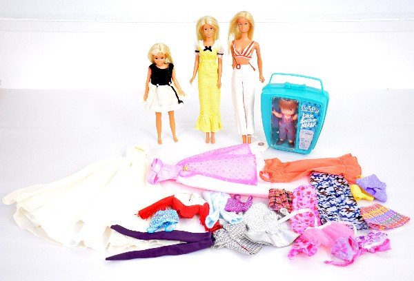 1960s Barbie Dolls & A Skipper, Plus: Tan Barbie, dated 1966, pat. Japan; Bikini Top Barbie dated 1966, pat Japan; Skipper, marked Pat 1967, made in Korea, 1972-1978. Plus a boxed 1963 Heidi's Little Brother Herby. All are clean & origina
