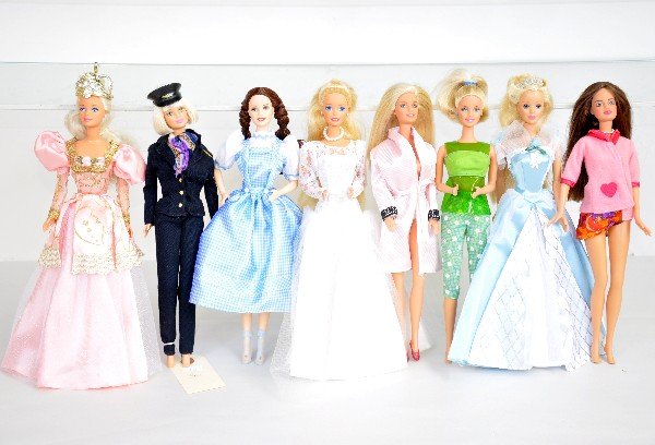 8 Vintage Barbie Dolls: Circa 1970s-80s. All Patented 1966, most marked made in China. Wedding doll marked Malaysia. All are clean & original, but may be missing some accessories. Examine photos closely or call for more info