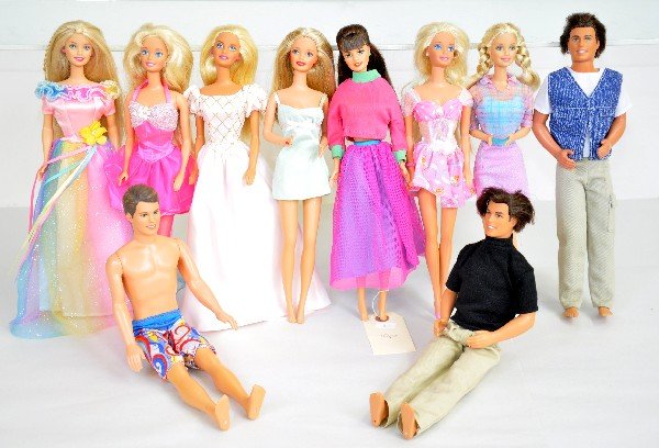10 Vintage Barbie & Ken Dolls: Circa 1970s-80s. All Patented 1966, marked made in China. All are clean & original, but may be missing some accessories. Examine photos closely or call for more information, 203 730-1404