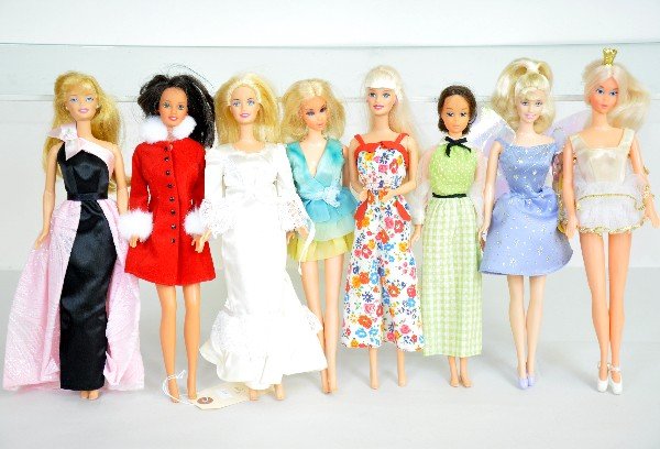 8 Vintage Barbie Dolls: Circa 1970s-80s. All patent 1966, 1 marked Taiwan, others marked China. All are clean & original, but may be missing some accessories. Examine photos closely or call for more information, 203 730-1404
