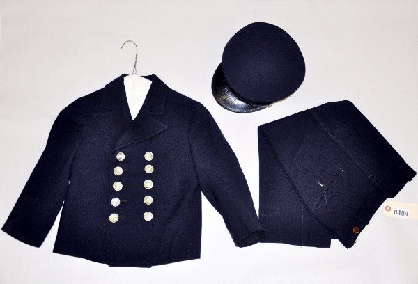 Nice Childs Fireman's Uniform: High quality jacket with matching pants and cap. Two buttons are shinier than the others, but similar style. It is in great shape and ready for your little fire fighter. Examine photos or call for mor