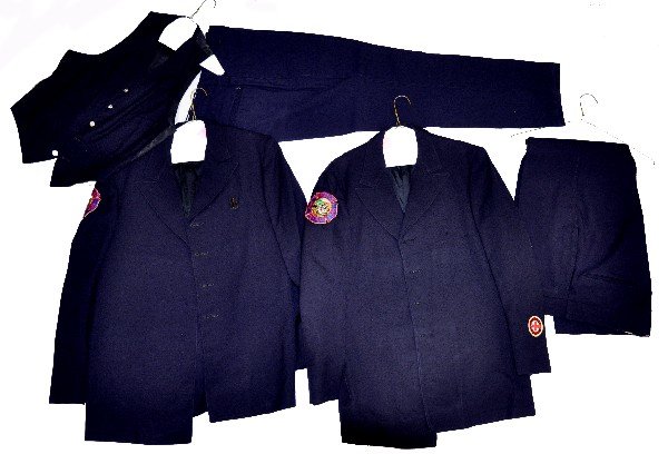 Vintage Fireman's Dress Uniform: Greenwich, CT patches, includes 2 jackets, 2 pairs pants & a vest. Jackets are missing the front buttons, but 5 loose are included. All are clean. Examine photos closely or call for more information, 