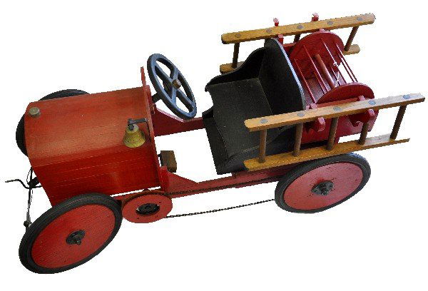 Ford Fire Truck Pedal Car: Custom made. 64 X 23 X 29", wood & metal construction with brass bell & rubber lined tires. Functions with wide radius turns. Can accept a hose for its reel, has removable ladders and has an adjustabl