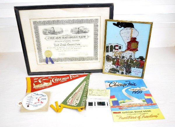 1949-50 Chicago Railroad Fair Lot: 2 pennants; boxed thermometer; reverse painted on glass painting; Unit Truck Corporation recognition certificate, framed with glass, 1950 program, all in nice shape. Examine photos closely or call for
