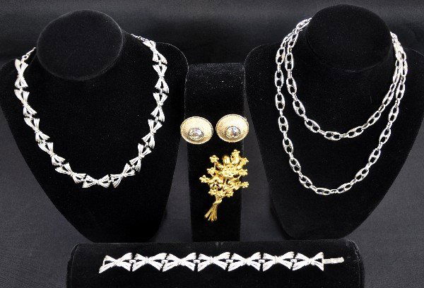 5Pc Signed Costume Jewelry Lot: Signed Trafari choker & bracelet set with nice bow pattern; 3 1/2" brass Butterfly & Flower Pin signed Monet; 30" Bernard chain style necklace; Pair of Bergere clip-on earrings, 1 1/4" brass with clea