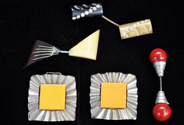 Super Bakelite Jewelry Group: 3 - 2/12" hat band ornaments, red balled version is glass; 3" belt buckle pair. All show light signs of use & age. Examine photos closely or call for more information, 203 730-1404
