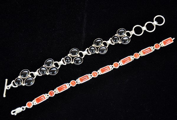 2 Sterling Bracelets: 6 3/4" handmade onyx tri-stone bracelet; 7" carnelian bracelet, both on sterling. (overall 1.23 oz) Examine photos closely or call for more information, 203 730-1404