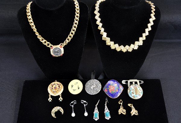 Costume Jewelry Lot: Includes earrings, pins & pennants, all 1920s to 1960s. Ankle ornament has been repaired, otherwise all appear intact. Examine photos closely or call for more information, 203 730-1404