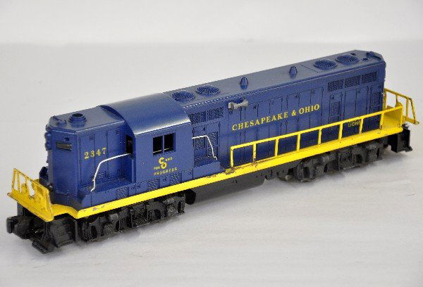 Scarce Lionel 2347 C&O GP7 Diesel: Rare 1965 production, only found in the Rare Sears set 12885-500. This example shows moderate playwear with a screw crack one side. There is some battery damage as well as the frame may need some rest