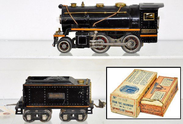 Nice Boxed Lionel 258 Steam Locomotive: Clean with great pin striping. castings are strong; 258T tender with super stripes. Shows a few chips (C6), but patina matches nicely, worn obs with loco insert, otherwise C7+