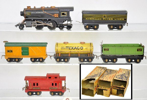 6 Pc Boxed American Flyer Steam Freight Set: 4303 steam loco, pony wheels fatiguing; 1231P tender with 100% decals; 3015 boxcar; 3018 tank car; 3019 dump car; 3017 caboose, all are clean & shiny, all have scarce original boxes missing several fl