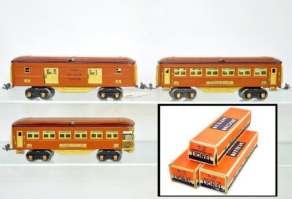 Super Boxed Lionel 613 Series Cars: Awesome patina, clean with strong lettering. 615 baggage (box is an error as its printed 615 Pullman); 613 Pullman; 614 observation. All have unusual 1934 boxes with an over-labeled baggage car box, C