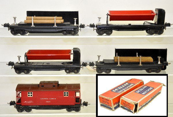 5 Late Lionel 2800 Series Freight Cars: 2 #3859 ore dump cars, 1 bin & 1 worn ob; 2 #3851 lumber dump cars with logs, 1 bin & 1 worn ob; all deep dish frames, C8; 2817 caboose, C6