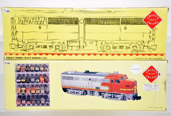 Aristo Craft SF FA & B Diesels: G Gauge. ART 22310-3 diesels, both units powered. They are unused, mint in boxes, C10