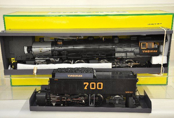 RailKing 70-3024-1 Virginian Tri-Plex: G Gauge. R3 curves. Massive 2-8-8-8-2 steam loco & integral tender. Includes 3 motor drive with ProtoSounds 2.0 with freight yard ProtoEffects & quillable whistle. It is still factory racked in packin