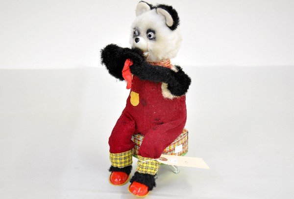 Alps Balloon Blowing Bear: Circa 1950s, nice early toy that is clean and functional at time of test with both eyes lighting, but not guaranteed, balloon is deteriorated, so unsure if air function works. Battery box is clean, C8
