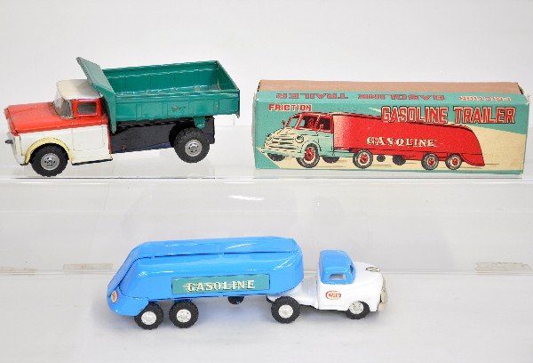 2 Japanese Tin Trucks: 9 1/2" Chevrolet 80 dump truck, friction with bump & dump action, C6+; Mint boxes SSS Japan Gas Tanker Truck, ob C9+