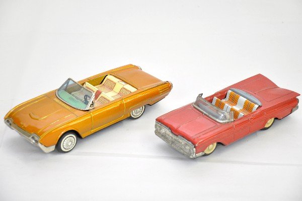 2 Tin Japanese Cars: 1960 Chevrolet Impala convertible, 7" long, C7; Bandai 8" 1962 Ford Thunderbird convertible, C8