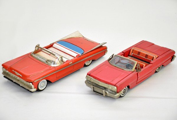 2 Tin Japanese Cars: 8" Haji 1963 Chevrolet Impala convertible with opening doors; 8 1/2" Yone 1960 Buick Skylark. Both show light playwear, C7+