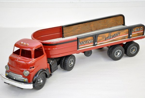 Wyandotte Steel Hauler: Diecast Ford style tractor, 23" long. Trailer has wooden removable sides that have been augmented with lettering. Over-all shows light signs of playwear & presents well, C7