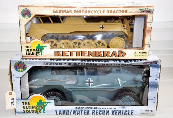 2 Boxed Ultimate Soldier German Vehicles: Compatible with GI Joes. Kettenkrad motorcycle tractor & Schwimmwagen with MG32 machine gun, both appear new in boxes, C9+