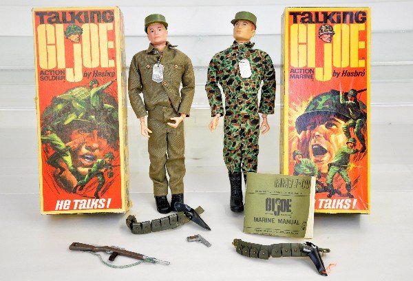 2 Boxed 1967 GI Joe Action Figures: Action Marine & Action Soldier, both appear complete. Both talking mechanisms run, but no sound. Otherwise show light playwear with boxes, C8