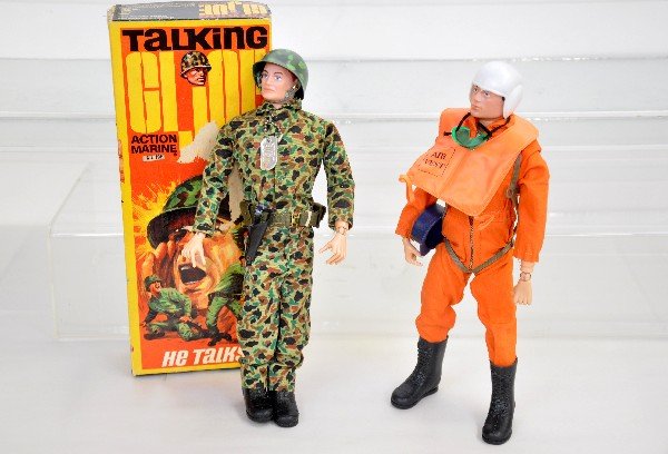 1960s GI Joe Pilot & Boxed Action Marine: 1967 Action Marine with many extra accessories, ob; GI Joe Pilot with extra accessories. Action marine's talking mechanism runs, but no sound. Otherwise both show light playwear, C8