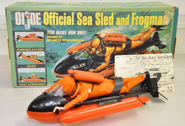 Boxed GI Joe 8060 Sea Sled & Frogman: Clean & complete with frogman's outfit having a small tear at underarm, 1 side, box with instructions, otherwise C7+-8