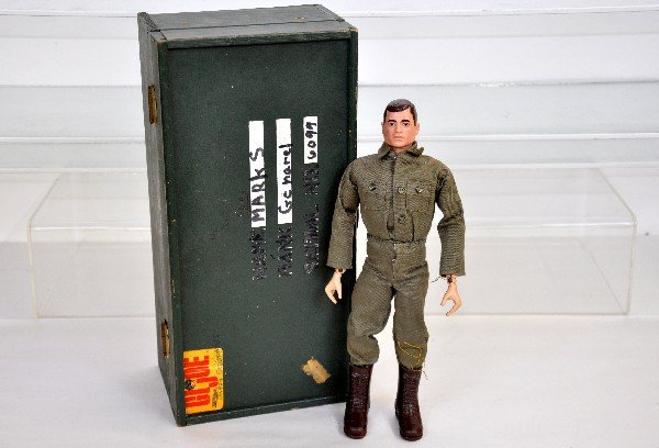 Loaded 1960s GI Joe Footlocker & Soldier: Includes an original wood GI Joe foot locker, inscribed, loaded with an original soldier and tons of clothing & accessories. See photos for inventory. Most appear to show light playwear, C6-8 overall