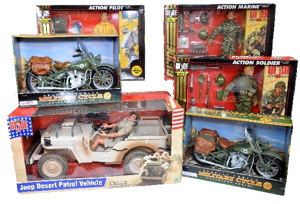 Boxed Modern GI Joe Figures & Accessories: Includes 2 Polyfest military cycles; Hasbro Desert Patrol Vehicle; Commemorative Action Soldier; Action pilot & Action Marine, all appear new in boxes, C9+