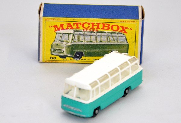 Boxed Matchbox 68 German Issue Bus: Turquoise with black plastic wheels, correct for issue box, C9+