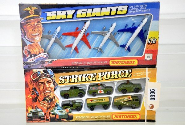 2 Matchbox 1975 Gift Sets: Includes G11 Strike Force & G16 Sky Giants. Vehicles are new in boxes, C9+-10