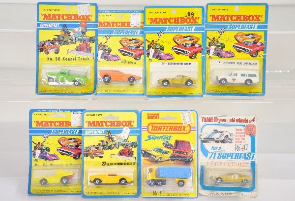 8 Mint Matchbox 1971 Superfast Vehicles: All sealed on cards, including the unusual "Trade Your Old Model In" variation. Cars are C10