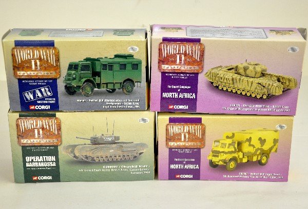 4 Boxed Corgi 1:43 Military Vehicles: Limited edition hand weathered models including CC60105 British Army Churchill MKIII tank; CC60102 Churchill MkIV Tank, Soviet Union, missing 2 antennae; CC60303 Bedford QLD Supply, North Africa 7th A