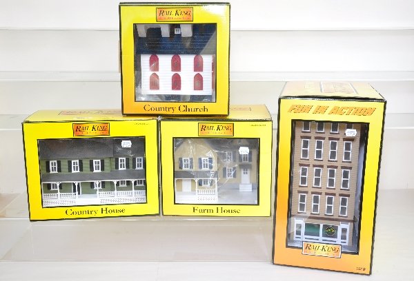 Boxed MTH & K-Line Accessories: K-Line 21663 smoking ice cream shop; 42416 backhoe construction scene; MTH- 30-90122 5-story shop blinking sign; 9057 church; 90179 farm house; 90185 country house. All show light playwear with boxes 