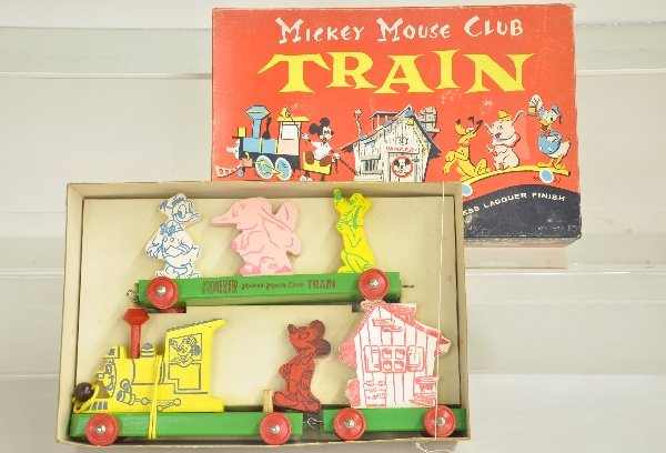 Scarce Strombecker Mickey Mouse Club Set: Painted wood with the Disney characters incorporated. This is one of the toughest Strombecker sets to find, especially this nice! It shows almost no playwear and has its box & display inserts, C8+