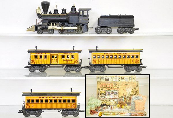 Boxed Marx Tales of the Wells Fargo Playset: #54752. This is the deluxe version with the train set included. It appears complete with parts bags and the train set, though the loco has broken handrail stanchions. It has an extra coach that matche