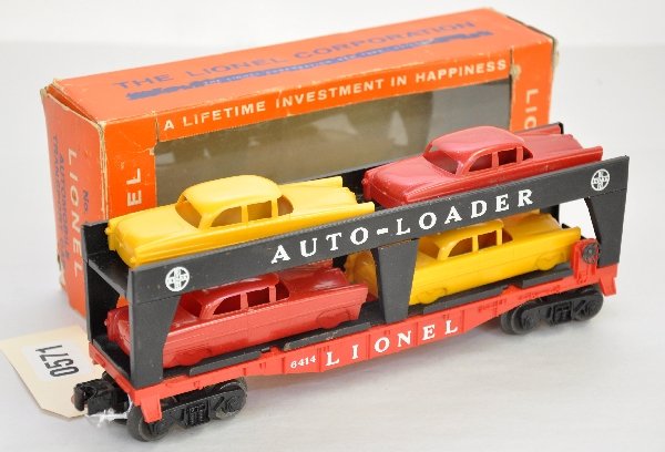 Boxed Lionel 6414 Auto-Loader with Cheepies: All are unused slot car bodies that Lionel used in uncataloged set. All have a 4 mold mark & have the chassis stops still intact. Has the correct Timken truck flat. The incorrect perf window box has a