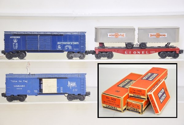 3 Nice Boxed Freight Cars: 3424 brakeman with -100 telltale set; 6430 flat with vans; 6468 B&O Boxcar. All show light playwear with boxes, C7+