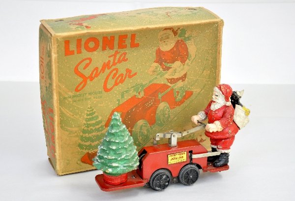 Boxed Lionel 1105 Santa Handcar w/ Mickey in sack: Fairly clean & all original. Mechanism is slipping with key. Shows light to moderate playwear with track; set box is nice with display insert, C6+