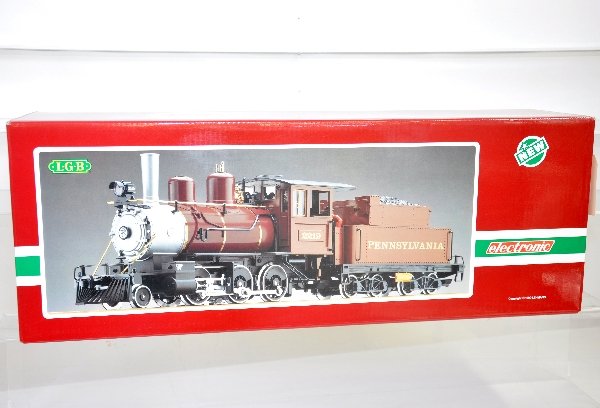 Boxed LGB 2219S Electronic PRR Mogul: G Gauge. Nice 2-6-0 steam loco & tender with sounds. It shows light playwear with instructions, box & insert, C8+