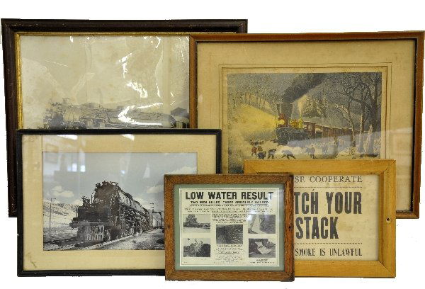 5 Railroad Framed Station Pieces: 1953 safety panel about a boiler accident B&O, 11 X 9 1/2"; Watch Your Stack sign, anti smoke campaign; hand colored Challenger print, 18 X 13"; 21 X 18" original Currier & Ives "An American Railroad