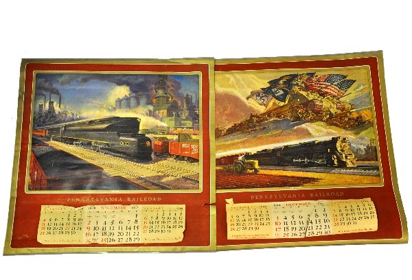 5 PRR Railroad Calendars: All still have the calendar pieces below the art. All from 1939 to 1945, some even have pages from the calendars attached. All are clean and ready to frame with weight trim in place. Examine photos or