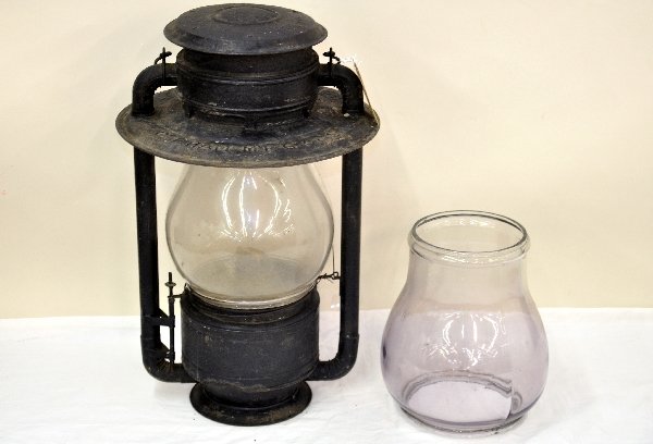 Unusual Railroad Lamppost Oil Lamp: 22" tall, plus handle, by C.T. Ham Mfg Co, Model No 9 Globe Street. It appears complete with font & wick, even has an extra globe. Very large and very unusual. Examine photos or call for more informat