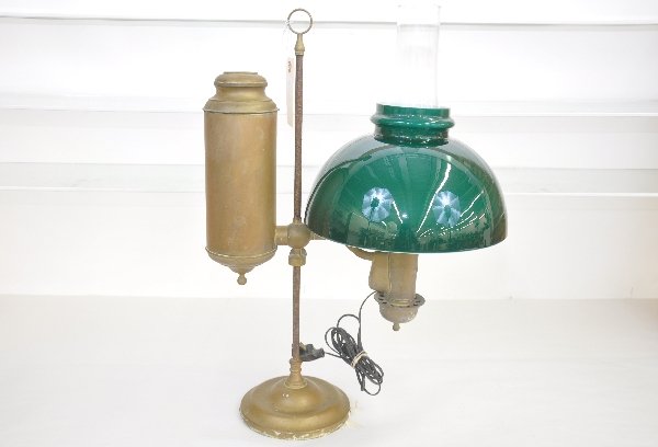 Early Brass Students Lamp: All these items came from the old dispatch station in Westchester RR Yard. Converted to electric, but doesn't appear to be modified, may turn back with a replacement wick unit. Has its original glass 