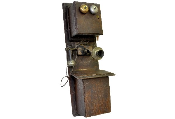 Early Large Oak Telephone: All these items came from the old dispatch station in Westchester RR Yard. 10 X 33" double box wall phone. Crank rings bell with two different bells attached. Has original speakers with the case shows