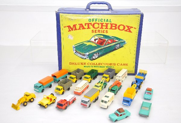 1960s Matchboxes & Carrying Case: Includes 18 vehicles, with cattle trucks having 2 cattle, 1 truck cracked & house truck is missing roof. All show light to moderate playwear with 3 fold vinyl case. 7-7+