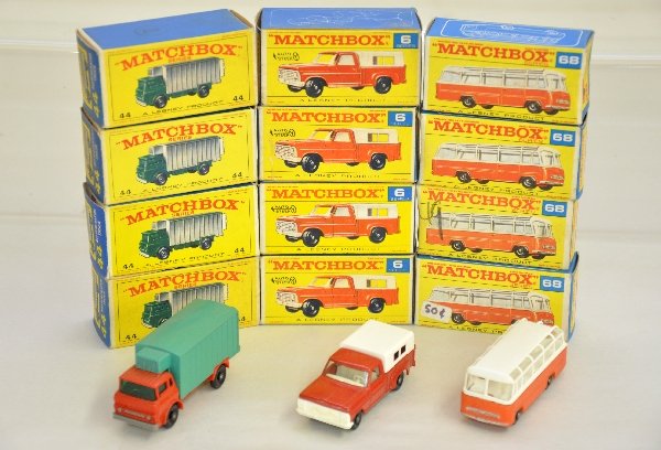 4 Each Of Matchbox 44, 6 & 68: Includes 4X 6 pick-up; 4X 44 reefer truck & 4X 68 bus. All show very light wear with clean boxes, C8+-9