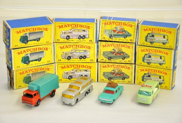 3 Each of Matchbox 44, 66, 21 & 56: Includes 3X 44 Reefer truck; 3X 56 Fiat 1500; 3X 66 Greyhound Bus; 3X 21 milk float. All show very light wear with clean boxes, C8+-9
