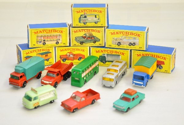 8 Boxed Late 1960s Matchbox Vehicles: Includes 56 Fiat 1500; 66 Greyhound bus; 71 pick-up; 74 D-decker bus; 60 site office truck; 44 reefer; 48 Dodge dump truck; 21 milk float. All show very light wear with clean boxes, C8+-9